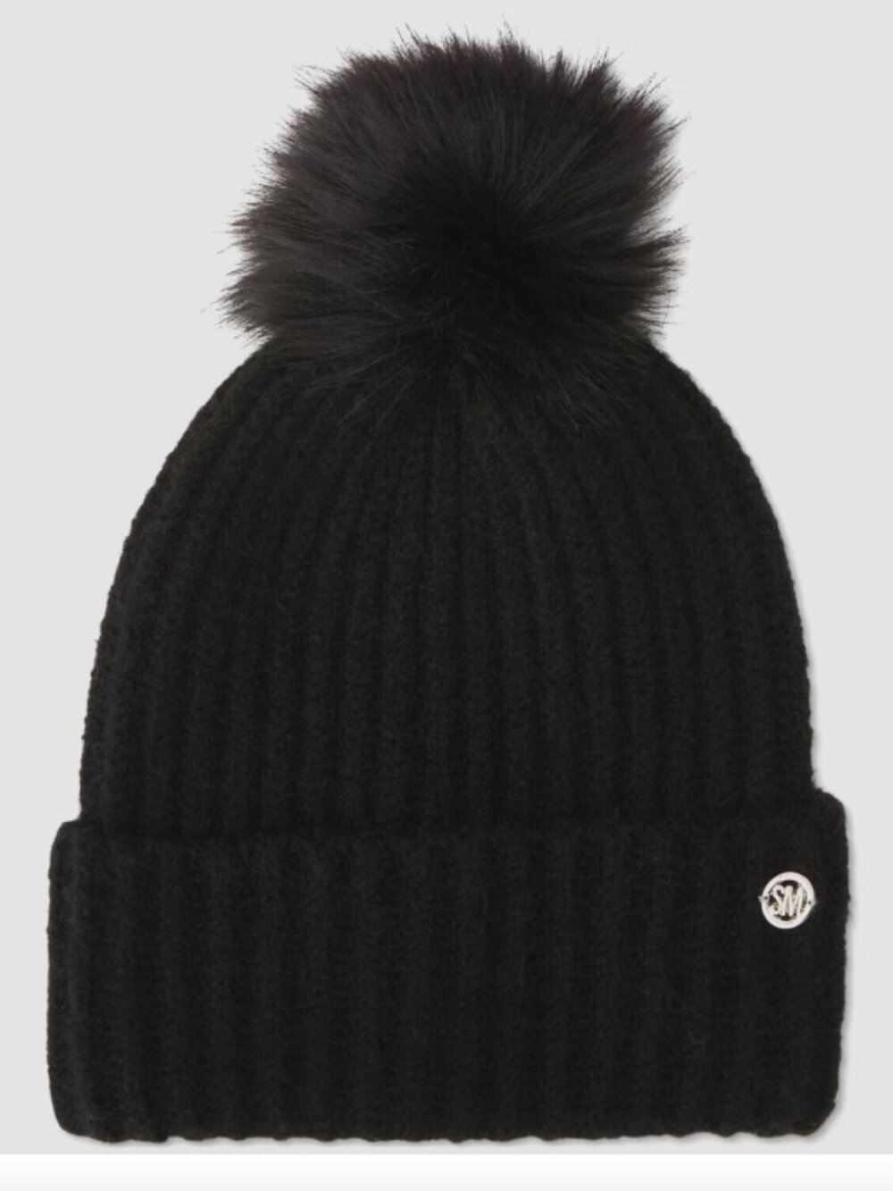 Steve Madden Women's Beanie Cloud Knit Faux-Fur Pom Pom Black One Size